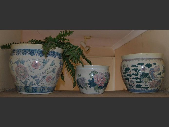 SET OF 3 CHINESE PLANTERS, 36cm Diameter x 31cm High, 31cm Diameter x 27cm High & 55cm Diameter x 19cm High
