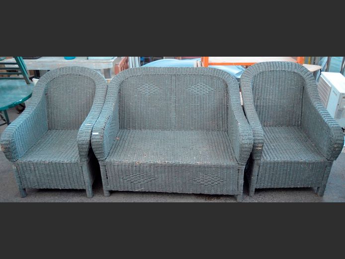 GREY PAINTED WICKER 3-PIECE, 4-SEATER PATIO SUITE [Needs touching up, some holes in places]