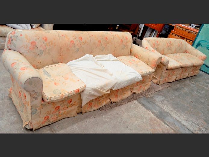 FLORAL UPHOLSTERED 2-PIECE, 7-SEATER LOUNGE SUITE [Needs re-covering]