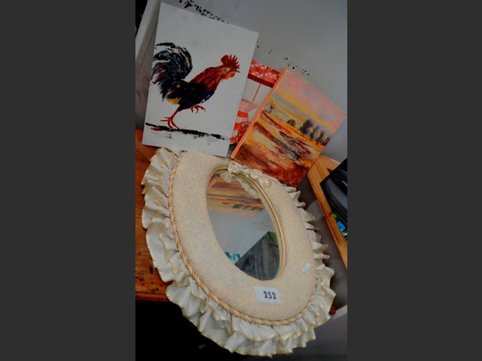 FABRIC FRAMED MIRROR, 60 x 47cm, FRAMED OIL ON CANVAS, 40 x 30cm, etc