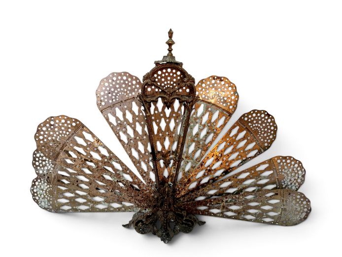Antique Rococo Revival Brass Folding Peacock Fireplace Screen