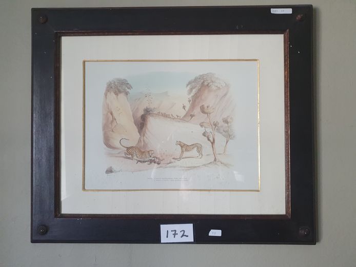 LOT: DARKWOOD FRAMED PRINT "LEOPARDS HUNTING"