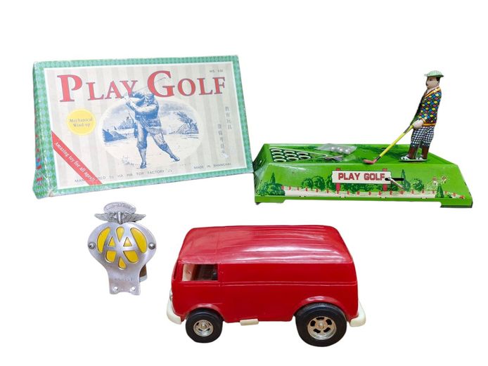 Vintage Collectibles: AA Badge, Tin Plate Golfer Wind-Up & VW Minibus