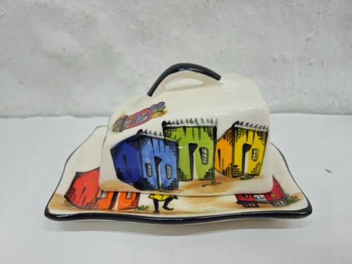 Hand-Painted South African Township Art Ceramic Covered Butter Dish