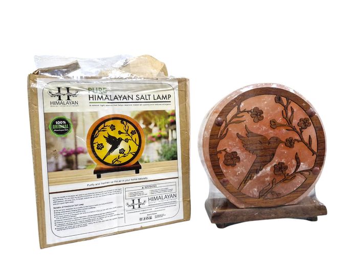 Pure Himalayan Salt Lamp with Carved Bird Wooden Overlay