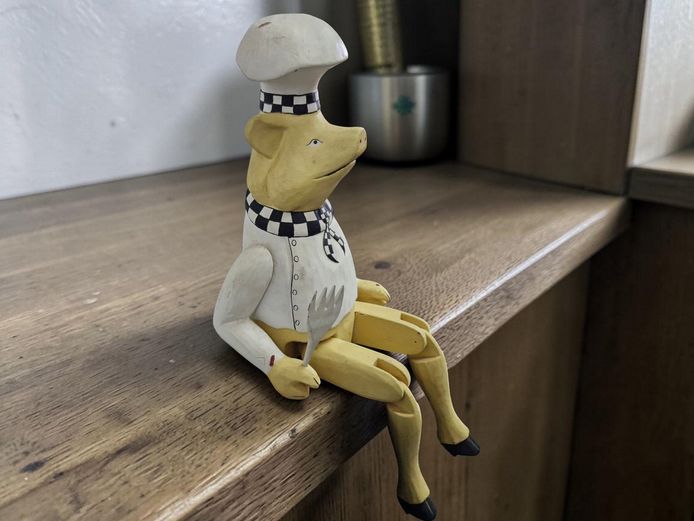 Large Hand-Carved Wooden Articulated Chef Pig Shelf Sitter