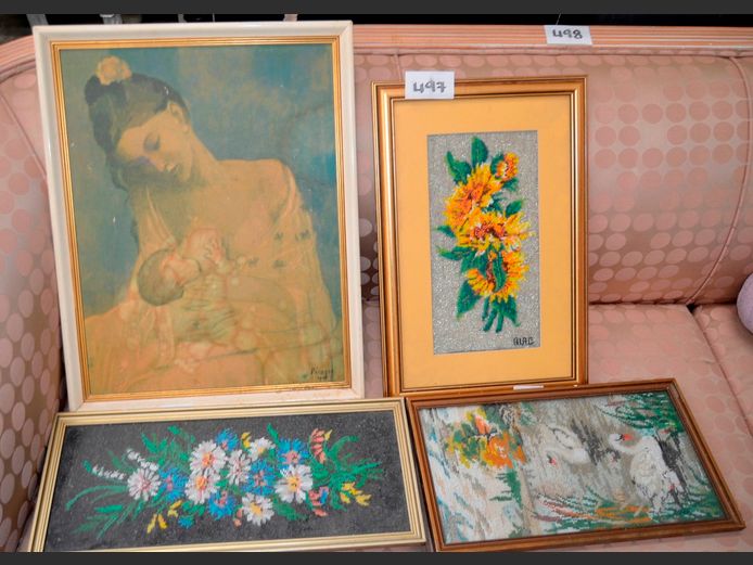 GILT FRAMED BEAD SUNFLOWER, FRAMED PRINT "MOTHER & CHILD", etc