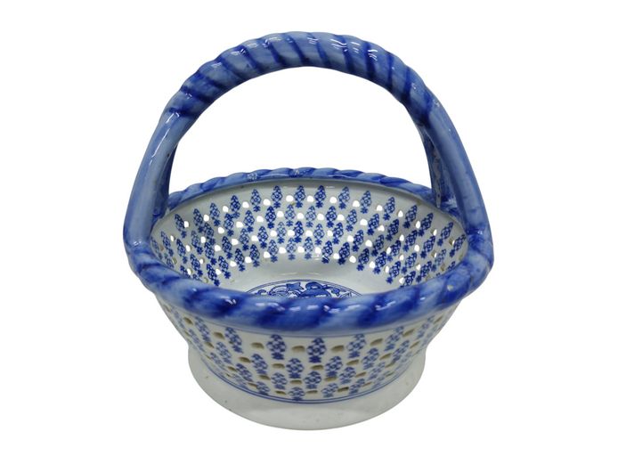 Chinese Blue & White Porcelain Reticulated Basket with Overhead Handle, 20th Century