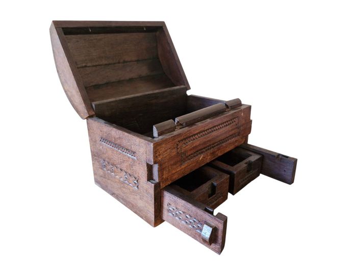 Antique Wood Carved Box with Secret Lock Mechanism