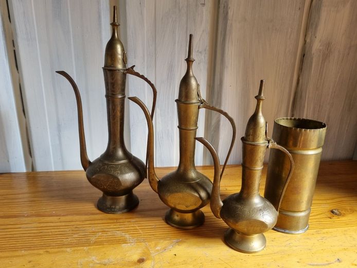 Vintage Middle Eastern Brass Coffee Pot Set & Pouring Vessel