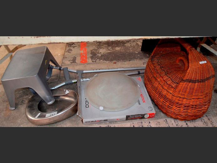 WICKER KNITTING BASKET, STAINLESS STEEL BED PAN, CRUTCHES, etc