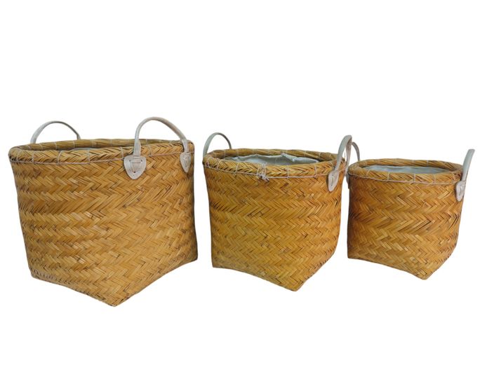 Trio of Woven Natural Fiber Baskets with Leather-Like Handles & Fabric Lining
