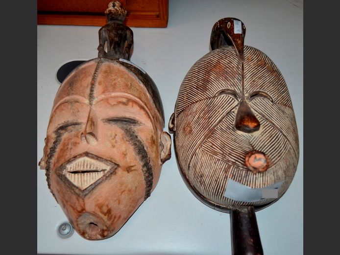 LOT OF 2: CARVED AFRICAN MASKS, 20 x 12 x 43cm & 20 x 14 x 41cm