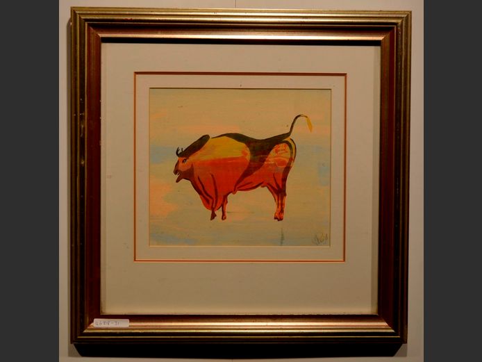FRAMED WATERCOLOUR "BULL", PENCIL SIGNED, 23.6 x 20.5cm