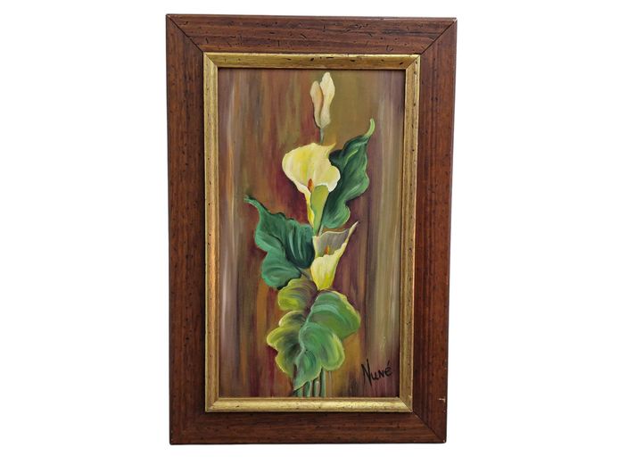 Vintage Framed Calla Lily Oil Painting, Signed "Nuné"