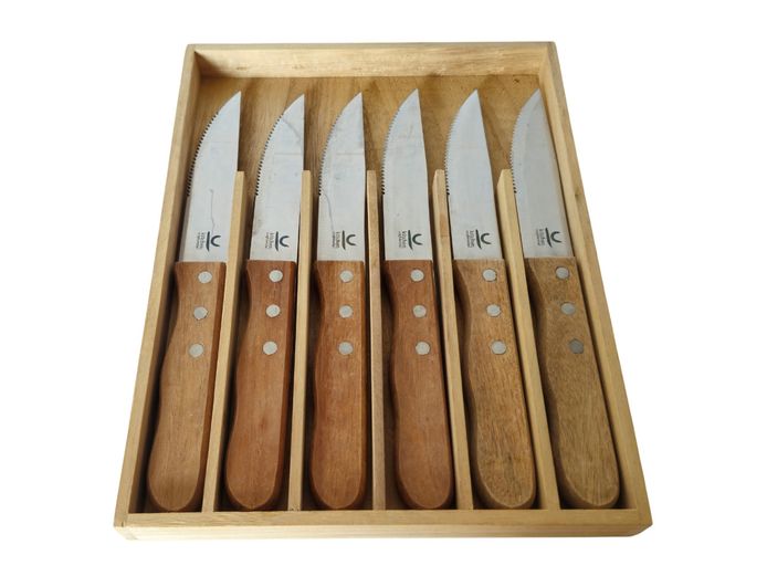 6-Piece Hardwood Steak Knife Set in Wooden Presentation Tray