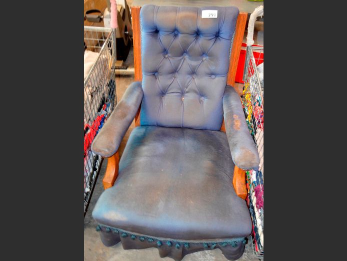 BLUE UPHOLSTERED BUTTON BACK ARMCHAIR [Needs re-covering]