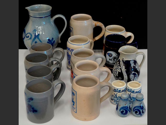 STONEWARE BEER STEINS, PITCHER, SALT & PEPPER SHAKERS, etc