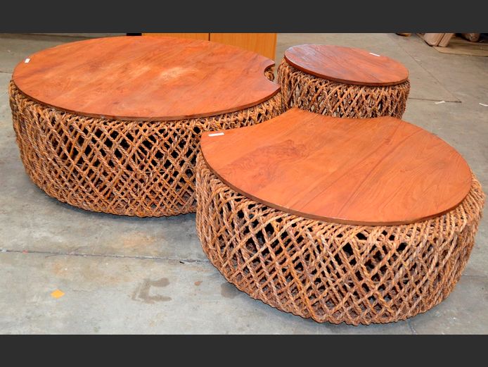 ROPE & WOOD 3-PIECE COFFEE & SIDE TABLE SET, 100cm Diameter x 36cm High, 80cm Diameter x 31cm High & 47cm Diameter x 42cm High