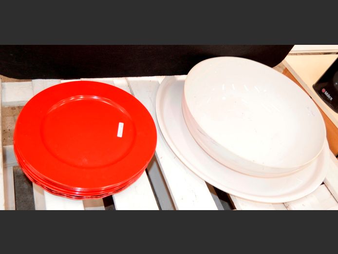LARGE WHITE BOWL & RED PLATES