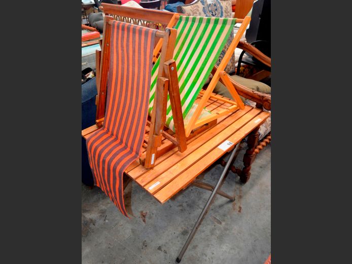 FOLDING CAMPING TABLE, 79 x 60 x 60cm, & PAIR FOLDING BEACH CHAIRS