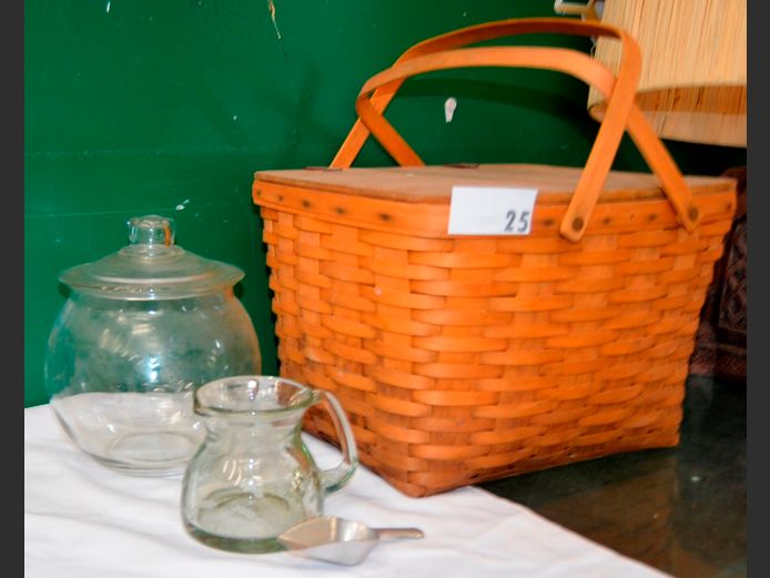 PICNIC BASKET, GLASS COOKIE JAR WITH LID, JUG, etc