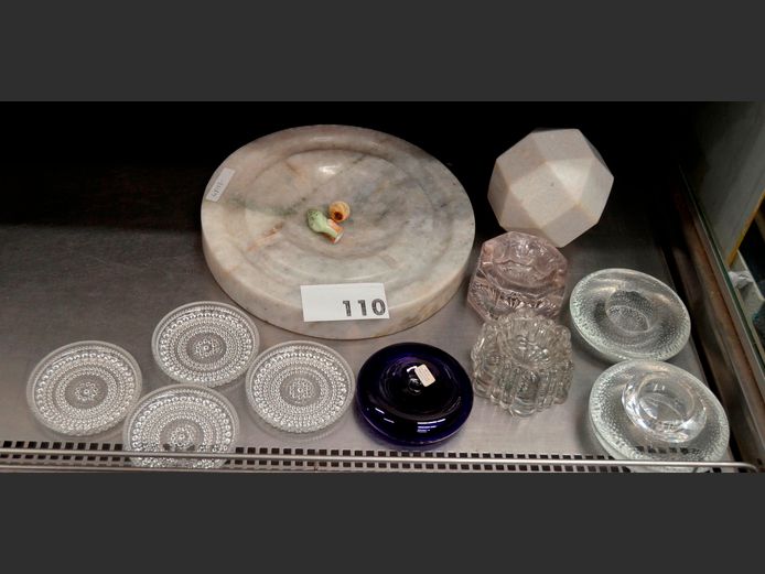 MARBLE PAPERWEIGHT, GLASS CANDLE HOLDERS, etc