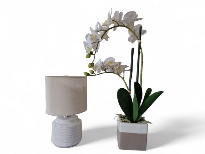 Faux White Orchid & Taupe Ceramic Bedside Lamp