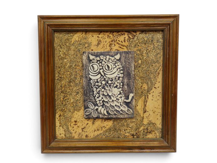Mid-Century Modern Sculpted Cork Owl Relief in Wooden Frame