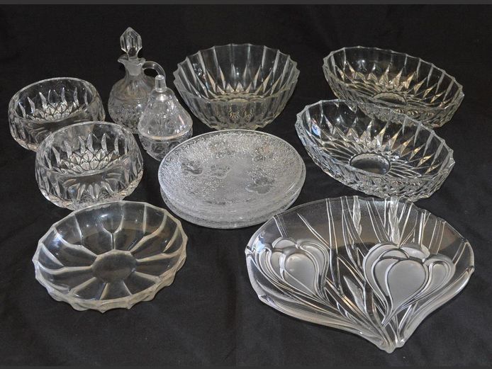 CUT GLASS SNACK BOWLS, CLEAR & FROSTED GLASS PLATE, etc