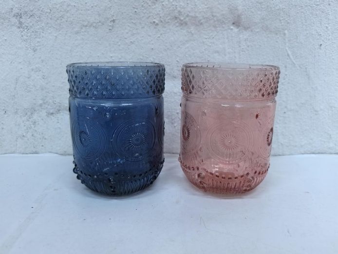 Pair of Vintage-Style Embossed Pink and Blue Glass Tumblers