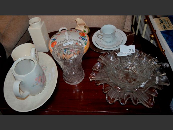 EMBOSSED GLASS BOWLS, CRYSTAL VASE [Chip to lip], SERVING DISH WITH LID [Lid repaired], BOWLS, TEAPOT [No lid], etc