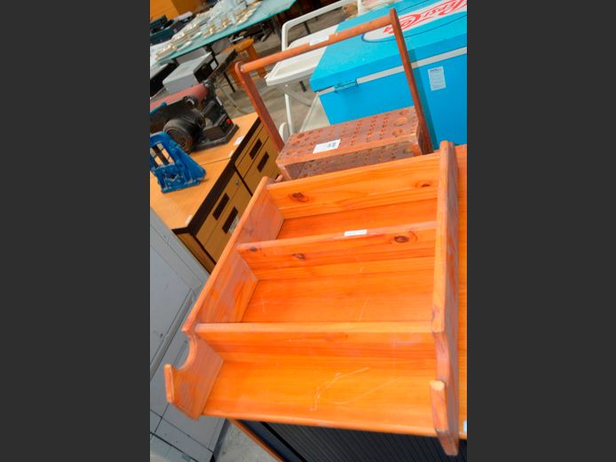 PINE 3-TIER WALL MOUNT SHELF & A SMALL SCREWDRIVER & BITS STAND