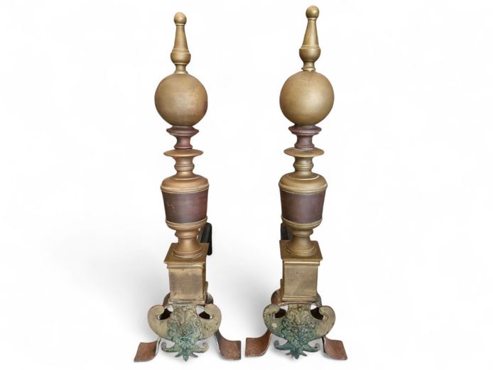 Pair of Large Antique Brass & Copper Firedogs