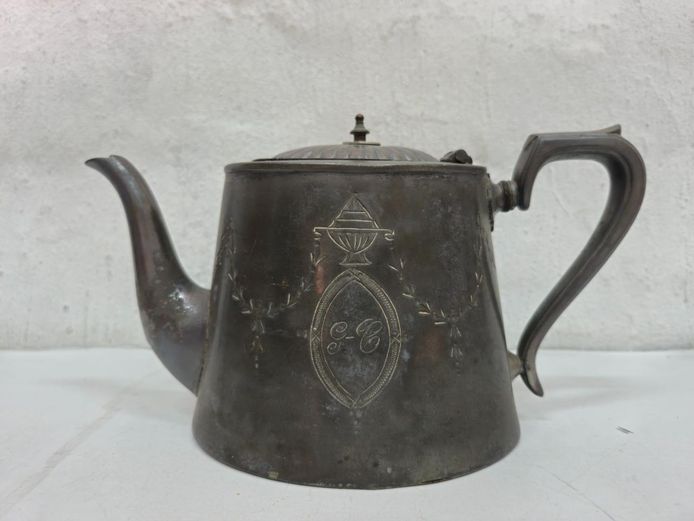 Antique Engraved EPBM Teapot with Monogram and Urn Detail