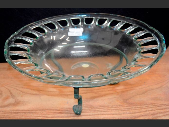 LARGE GLASS BOWL ON METAL STAND, 41cm Diameter x 16cm High