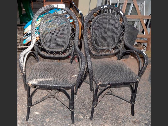 PAIR BLACK PAINTED WICKER ARMCHAIRS