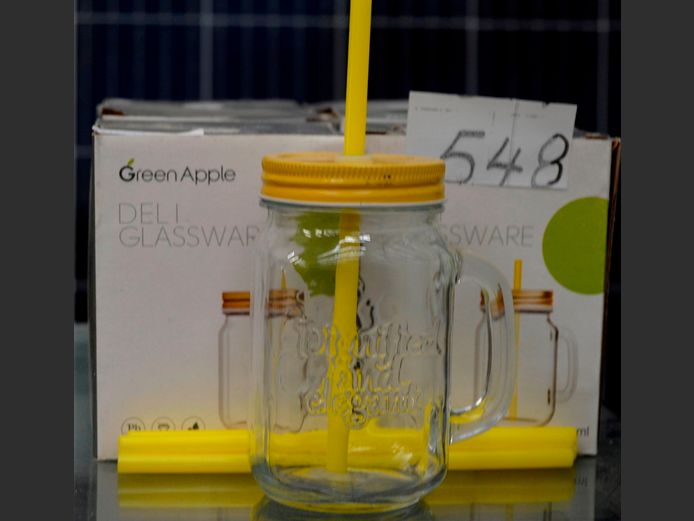 SET OF 6 GREEN APPLE GLASS JARS WITH STRAWS