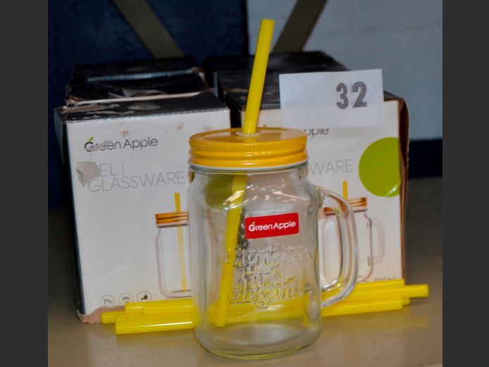 SET OF 6 GREEN APPLE GLASS JARS WITH STRAWS