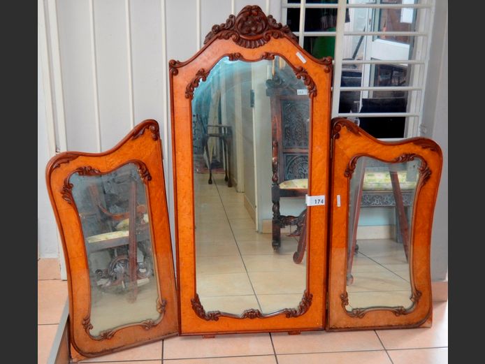SET OF 3 FRENCH STYLE MAHOGANY & WALNUT MIRRORS, 128 x 59cm & 88 x 45cm