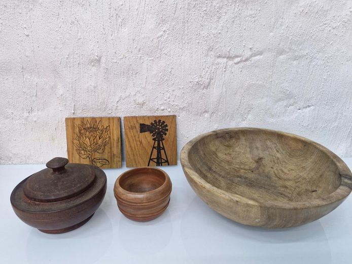 Rustic Handcrafted Wooden Decor Lot: Turned Bowls, Lidded Dish & Laser Cut Coasters