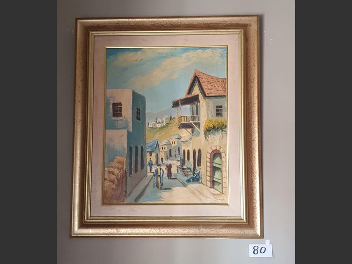 Gilt Framed Oil on Board "European Street Scene"