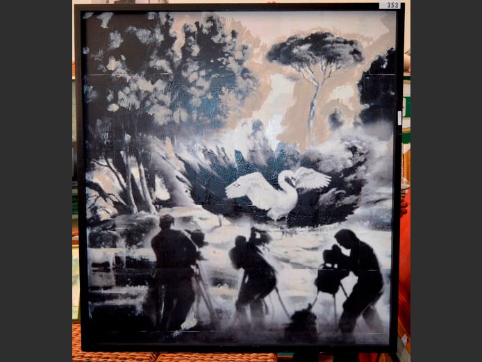 FRAMED MIXED MEDIA "SWAN ON WATER", 115 x 106cm