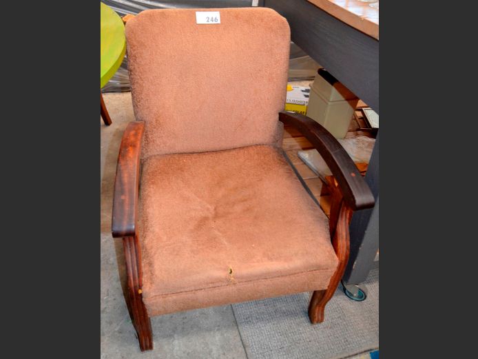 BROWN UPHOLSTERED ARMCHAIR [Seat torn & sunken]
