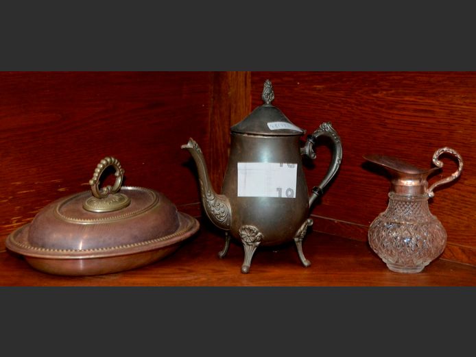 PEWTER TEAPOT, SILVER PLATE SERVING DISH WITH LID, etc
