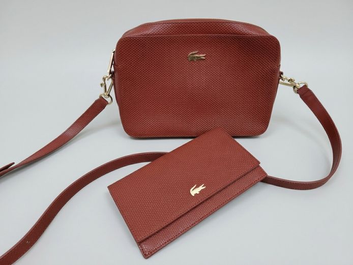 Lacoste Brick Red Textured Leather Crossbody Bag with Matching Wallet