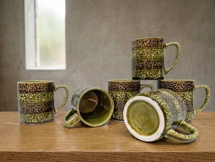 Vintage Mid-Century Japanese Olive Green Textured Ceramic Mugs