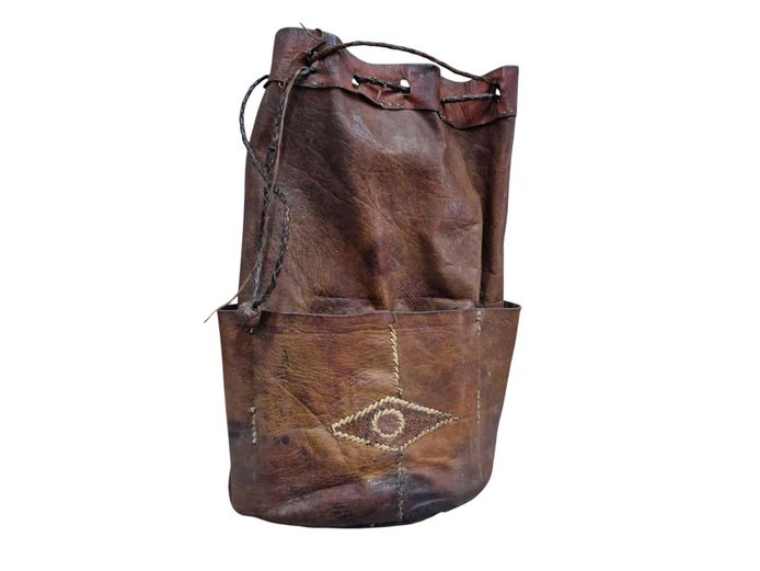 Vintage Hand-Stitched Leather Drawstring Pouch with Geometric Motif