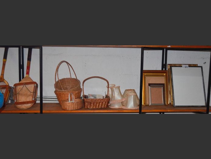 GILT PICTURE FRAMES, WOVEN BASKETS, LAMP SHADES, etc