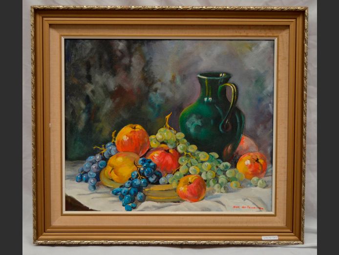 GILT FRAMED OIL ON BOARD STILL LIFE OF FRUIT SIGNED NICK VAN RENSBURG, 59.5 x 49.5cm